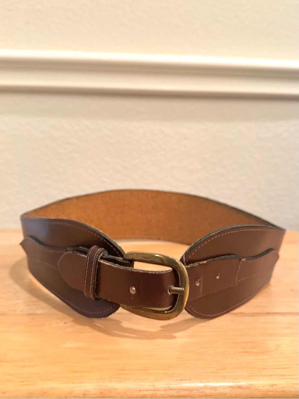 Vintage Genuine Brown Leather Wide Belt with Brass Buckle - 24”- 27”